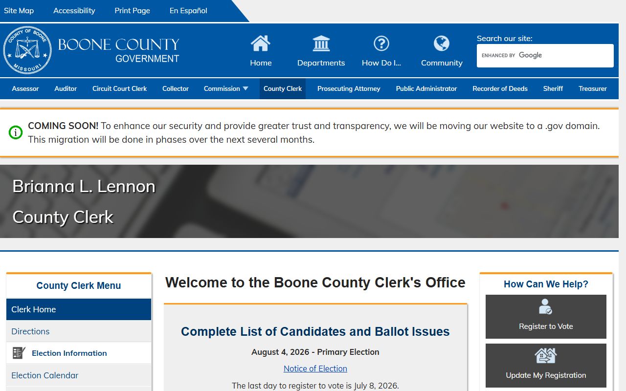 Boone County Clerk page showing non-court records services