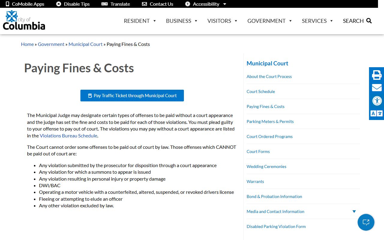 Boone County court dockets Columbia Municipal Court payment page