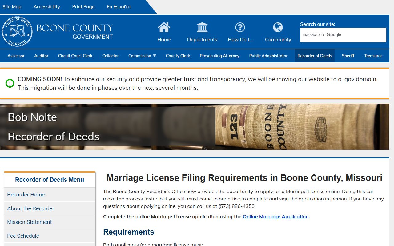 Boone County divorce records routing from marriage license page