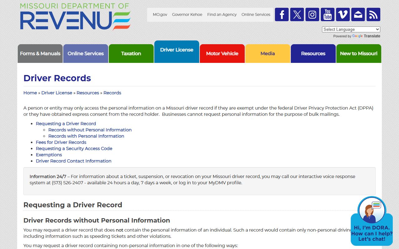 Boone County traffic court records Missouri driver records page