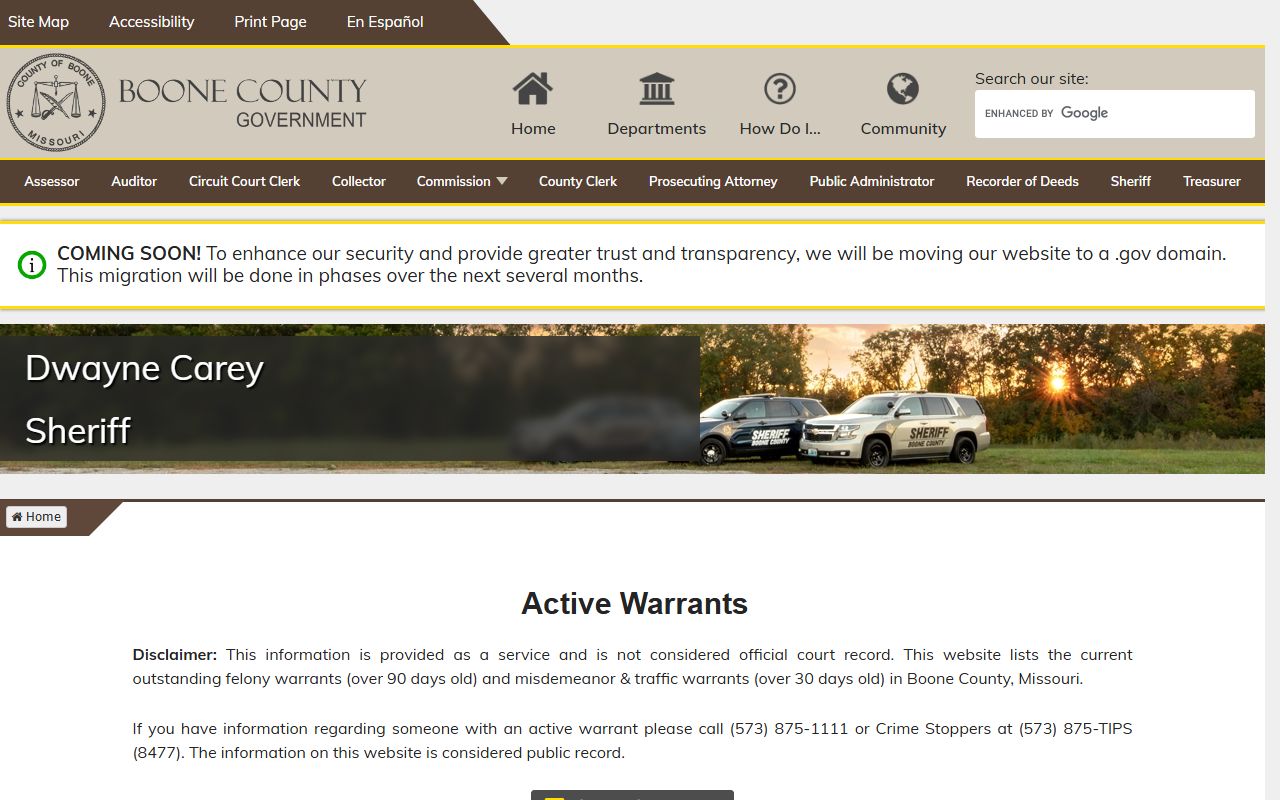Boone County warrant records active warrants search page
